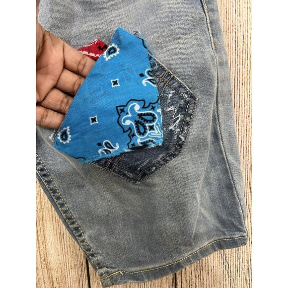 Upcycled Patchwork Denim Shorts Jorts OOAK Levis 502 Youth Sz 14 28W Boho Hippie - Picture 5 of 9